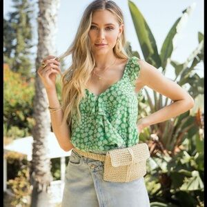 Lush green ditsy floral smocked crop top ruffle women L cottagecore fairy preppy